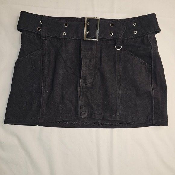 Adika Dresses & Skirts - Adika Black Denim Mini Skirt Wide Grommet Belt Silver Hardware Womens‎ XS NWOT